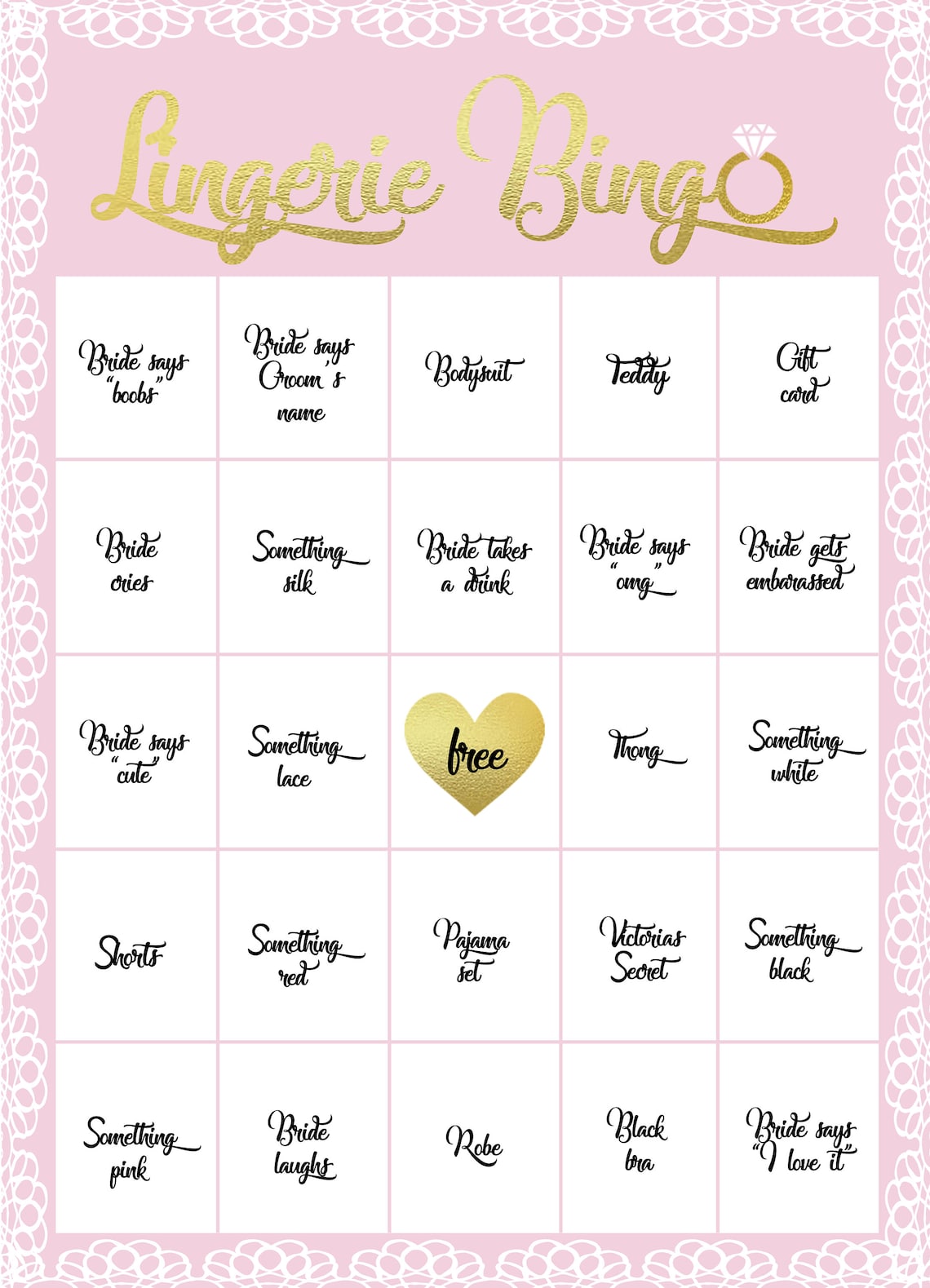 Lingerie Bingo 12 Cards Etsy