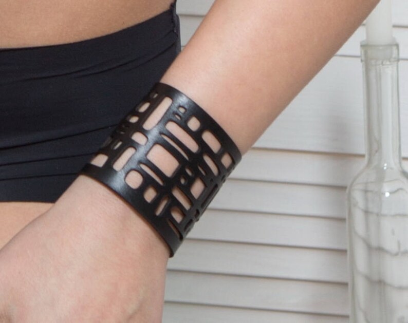 gothic jewelry black leather bracelet Laser cut leather bracelet V-3124 Boho bracelet statement bracelet