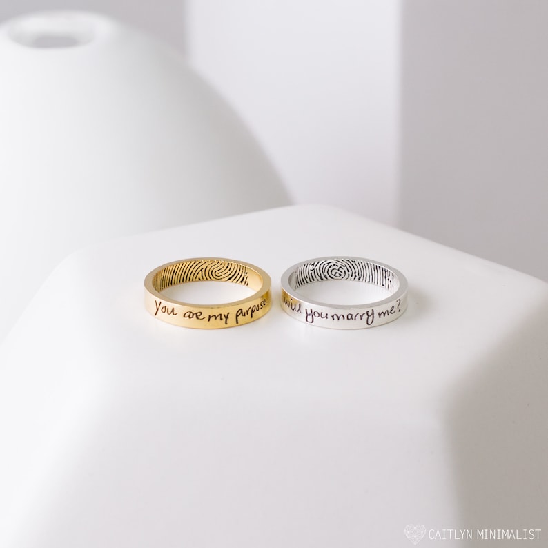 Handwriting Ring Actual Fingerprint Ring Wedding Bands Etsy