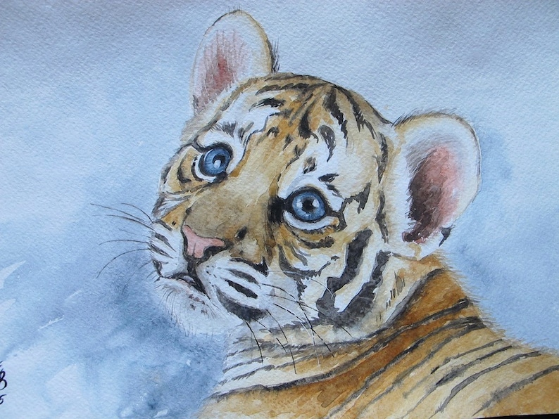 Tiger Cub. Original watercolor painting Handmade 8 | Etsy