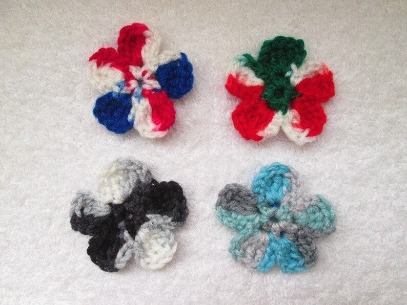 Buy More and Save More Up to 20/% off~~Hand Crochet 5 or 6 Petal Hawaiian Flower Hair Clips~Come in Set of 2.5~Macaw 2