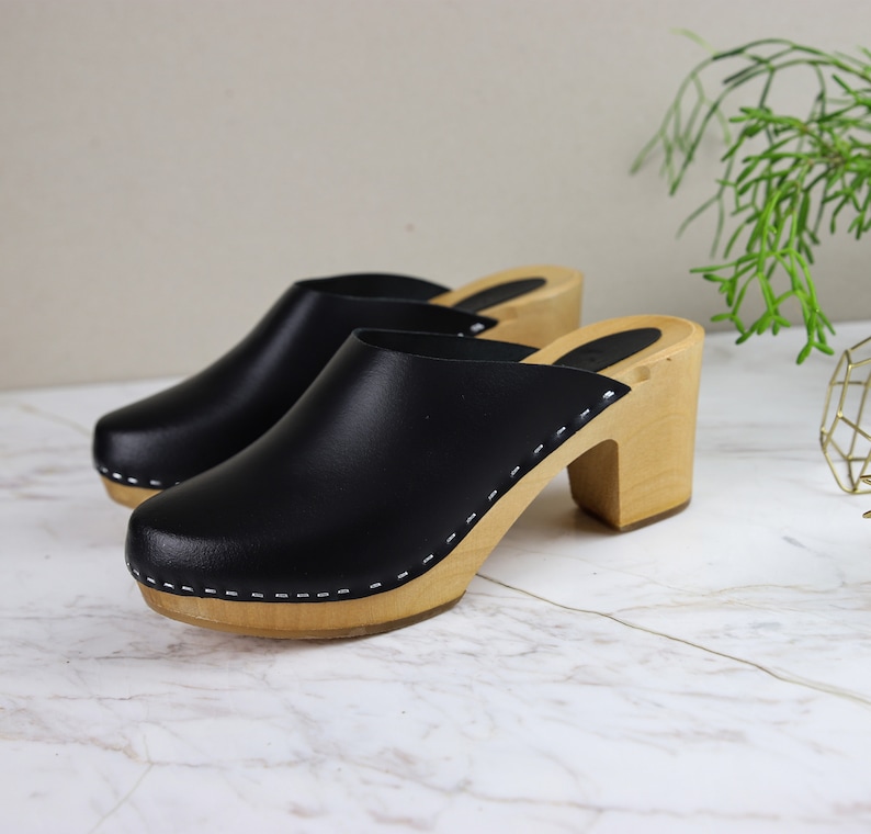 Black leather clogs by Kulikstyle handmade wooden clog | Etsy