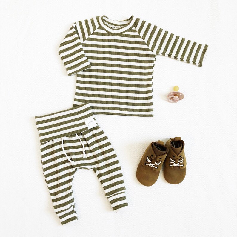 Olive green stripe outfit ribbed baby clothes gender neutral Etsy