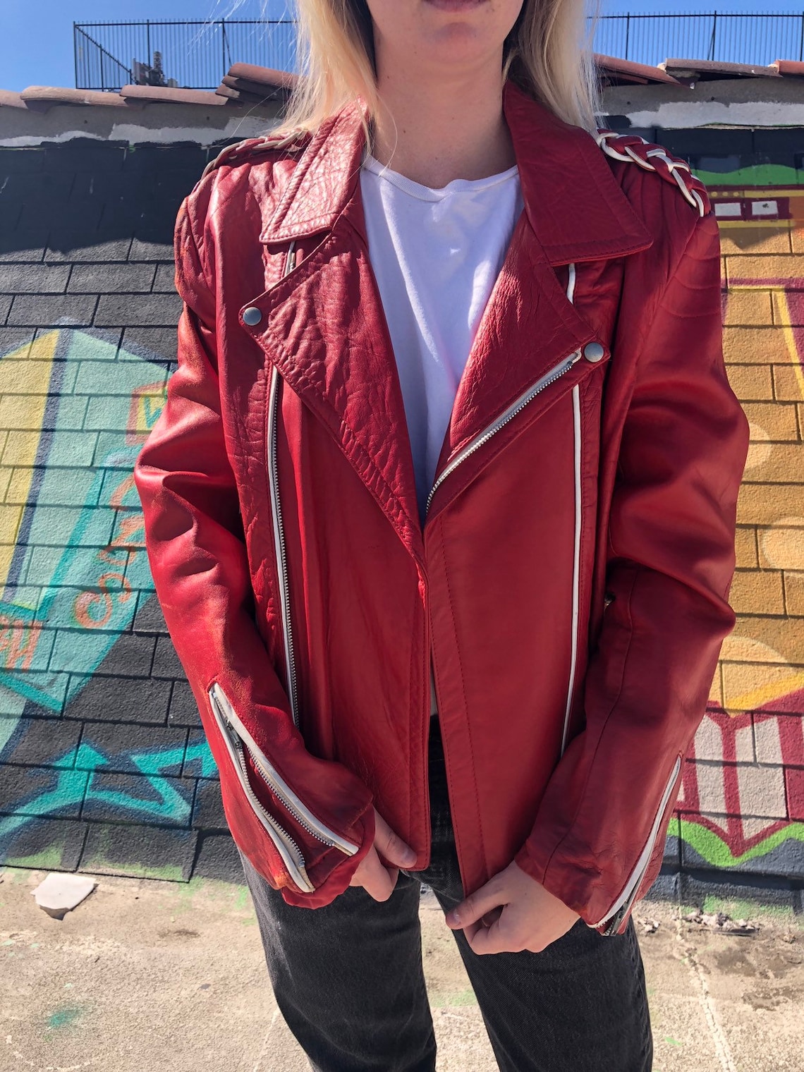 Vintage Red Leather Moto Jacket | Etsy
