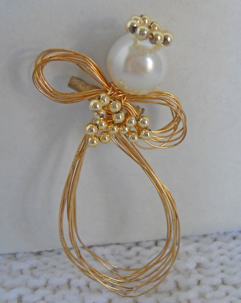 Pin Brooch One of Our Favorites Angel Made out of gold tone Metal Wires and Round Gold Beads Faux Pearl for the Angel/'s Head