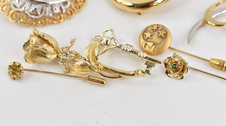 Vintage lot of 17 brooches and pins in gold tones