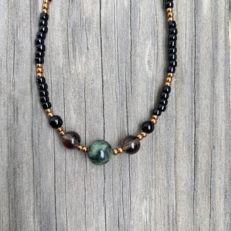 jade necklace heart chakra necklace crystal choker beaded choker crystal necklace Jade and smoky quartz beaded necklace