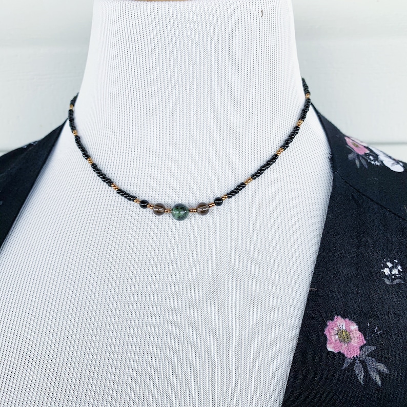 jade necklace heart chakra necklace crystal choker beaded choker crystal necklace Jade and smoky quartz beaded necklace