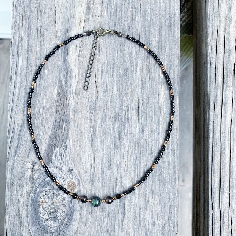jade necklace heart chakra necklace crystal choker beaded choker crystal necklace Jade and smoky quartz beaded necklace