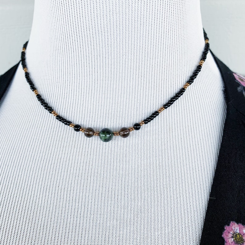 jade necklace heart chakra necklace crystal choker beaded choker crystal necklace Jade and smoky quartz beaded necklace