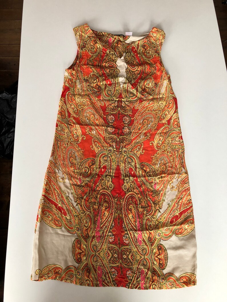 vintage paisley Dress Size small S women tunic yellow orange oriental dress