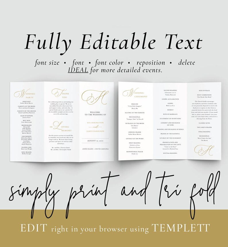 Gold Monogram Tri Fold Wedding Program-Trifold Program-Catholic Wedding Program-Gold Order of Service-Jewish Wedding Program-SN031/_TPG22