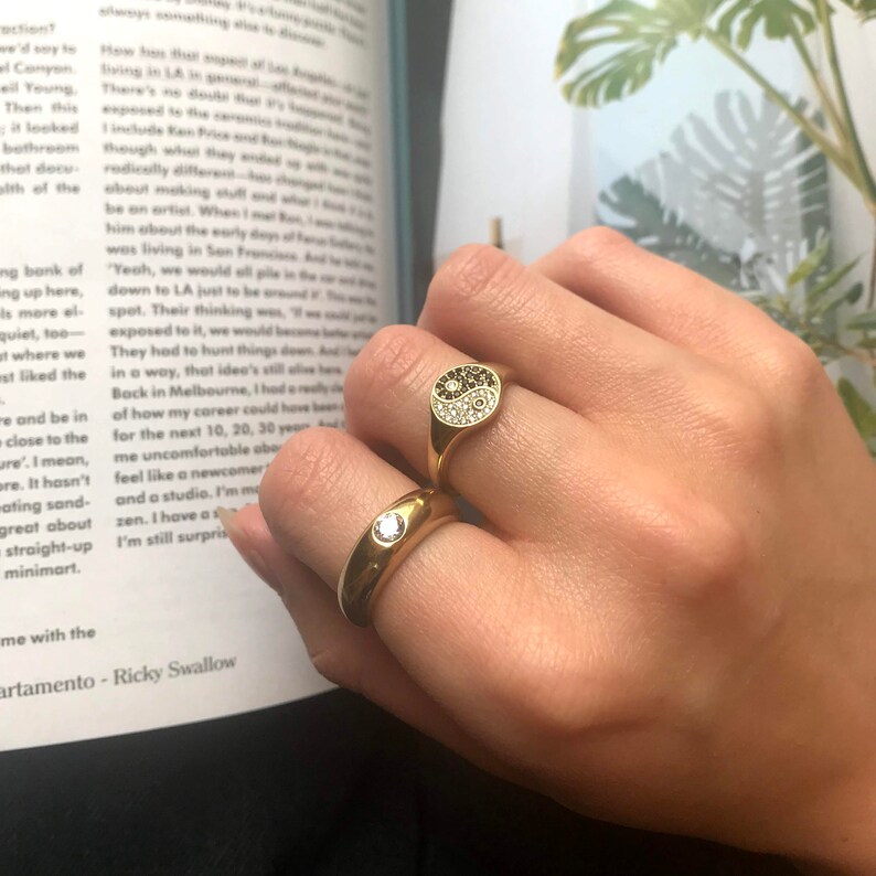 cz ring signet ring stacking ring gold ring yin yang pinky ring silver ring 90s- E4-R-2063 Yin Yang signet ring gold ring
