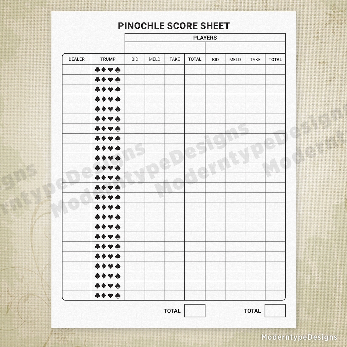 5 handed pinochle score sheet