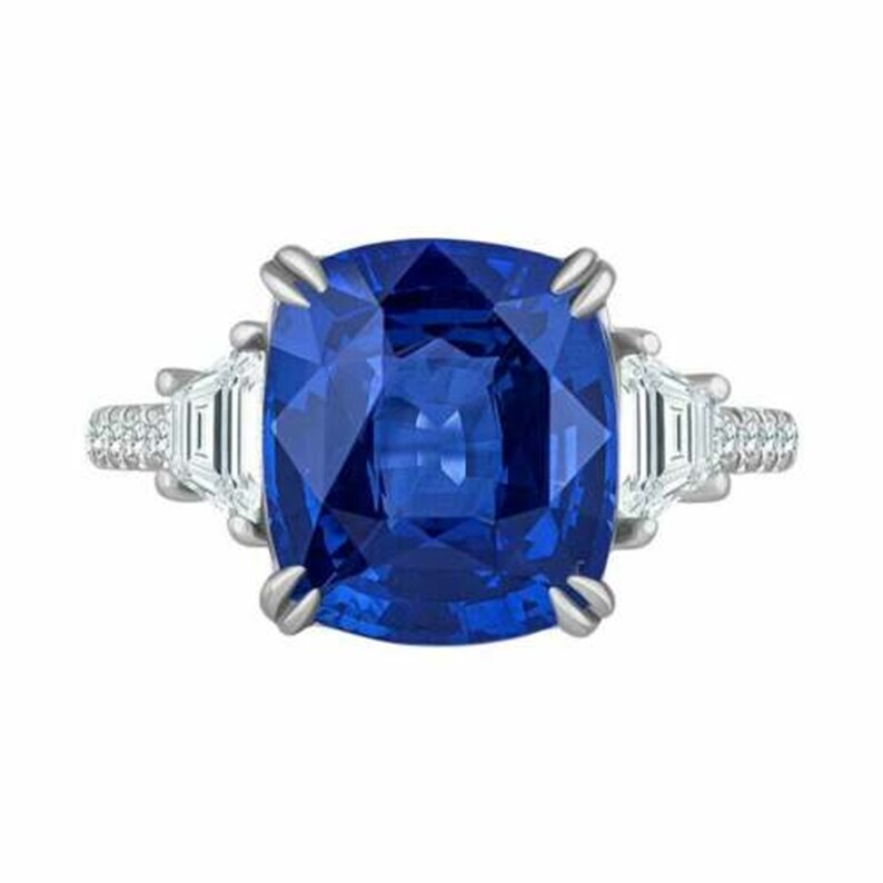 Three Stone With Accent Ring Cushion Cut Sapphire /& Diamond Engagement Ring Prong Setting Woman/'s Wedding Ring Solitaire With Accent