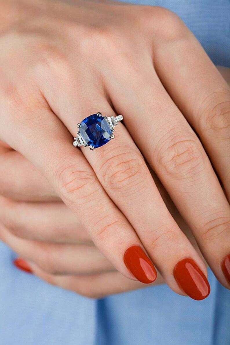 Three Stone With Accent Ring Cushion Cut Sapphire /& Diamond Engagement Ring Prong Setting Woman/'s Wedding Ring Solitaire With Accent