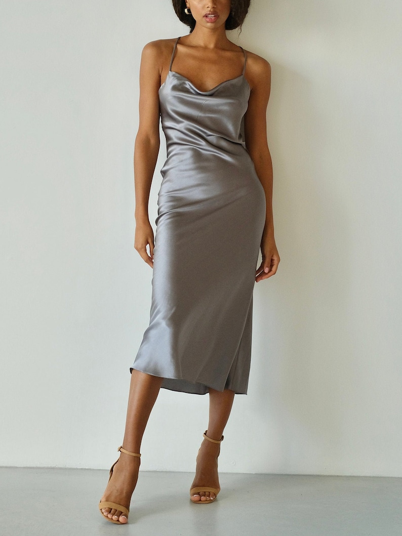 Cowl neck silk slip dress midi bias cut Gray silk dress Gray | Etsy