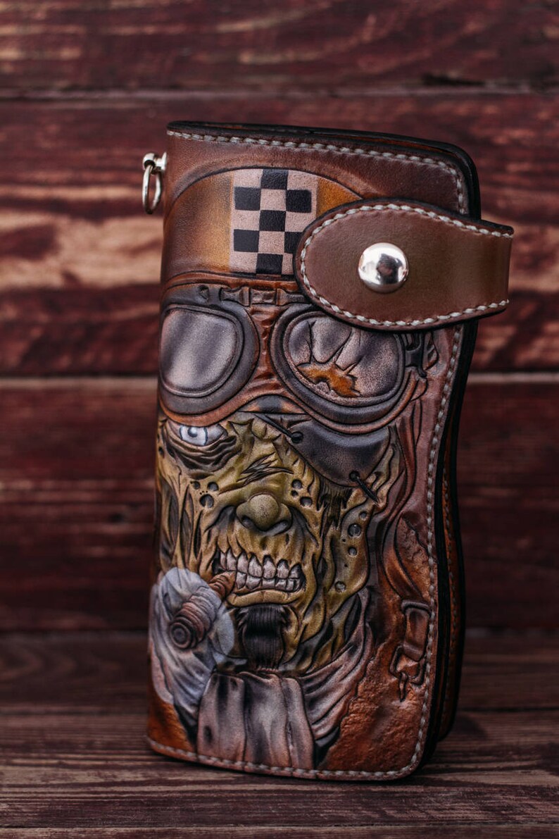 Zombie pilot carved Custom Leather Wallet Biker Wallet Etsy