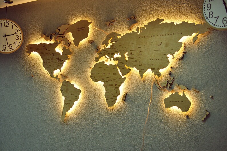 Light Wood Wall Map Of the World Map Wall Art Large Travel LED Etsy