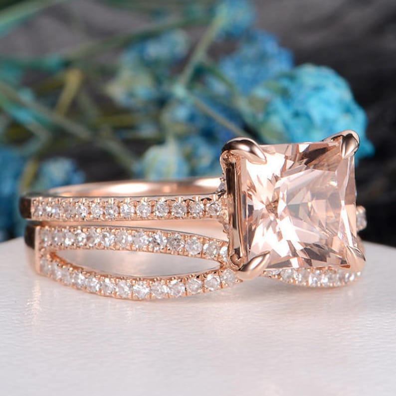 Princess Cut Morganite Ring Rose Gold Engagement Ring Infinity | Etsy