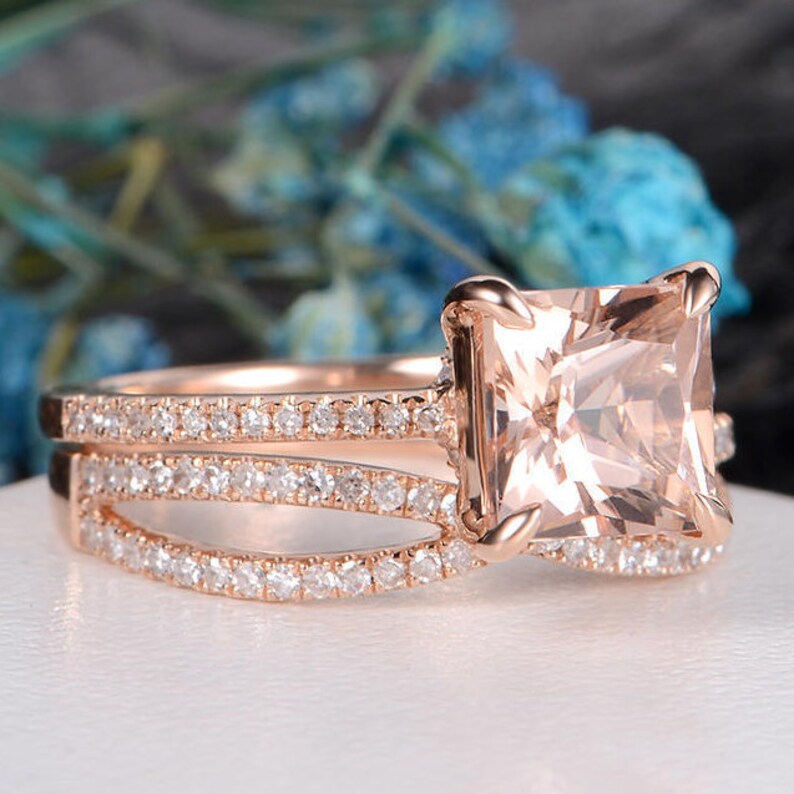 Princess Cut Morganite Ring Rose Gold Engagement Ring Infinity | Etsy