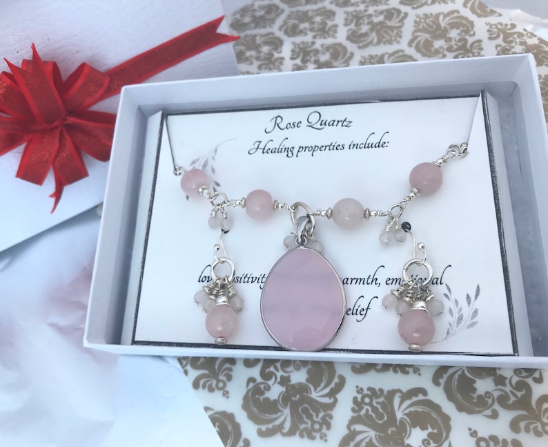 pink beaded necklace cluster dangling earring set handmade gift for het attraction classic elegant Rose quartz gemstone simple pendant