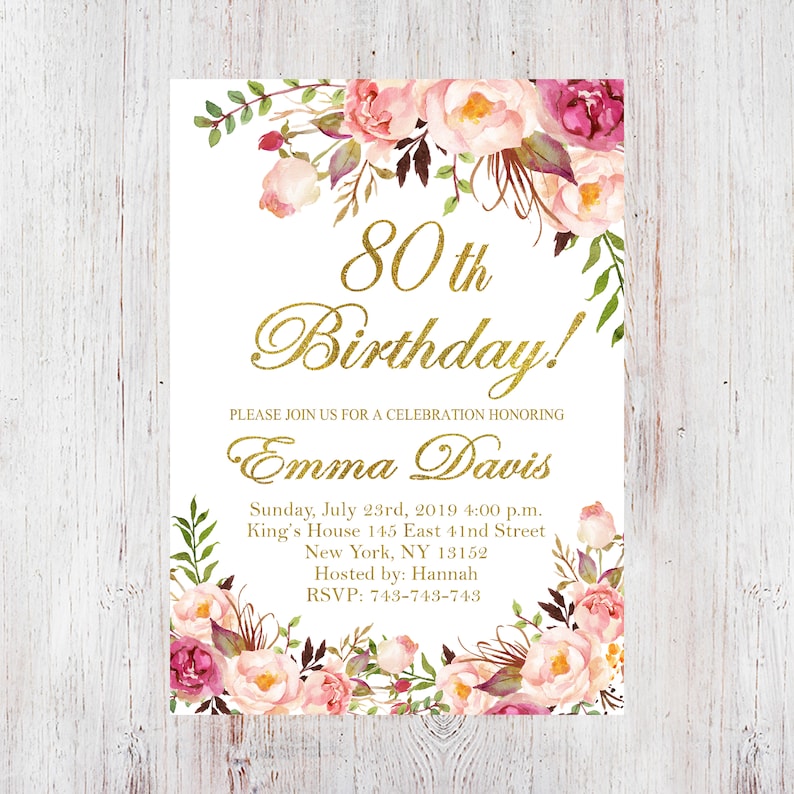 80th Birthday Invitation Women Birthday Invitation Any Age | Etsy