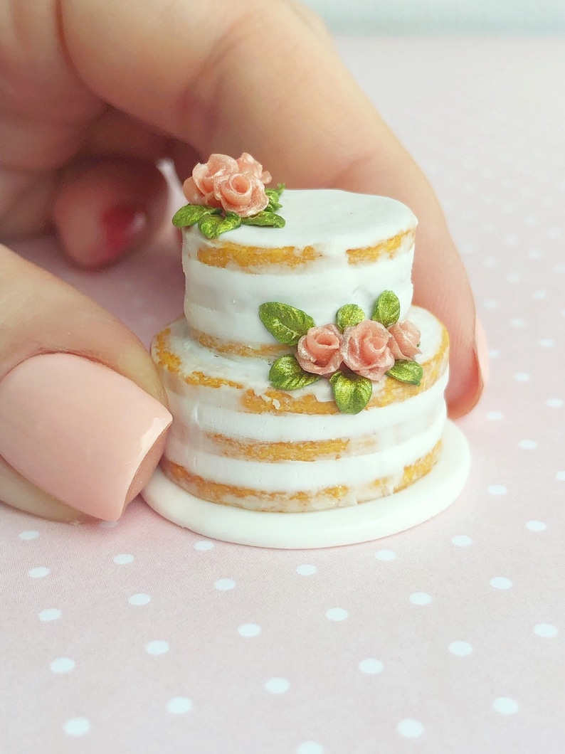 Miniature food for dollhouse fake naked wedding cake with flowers for dolls polymer clay food for dollhouse 1:12 scale