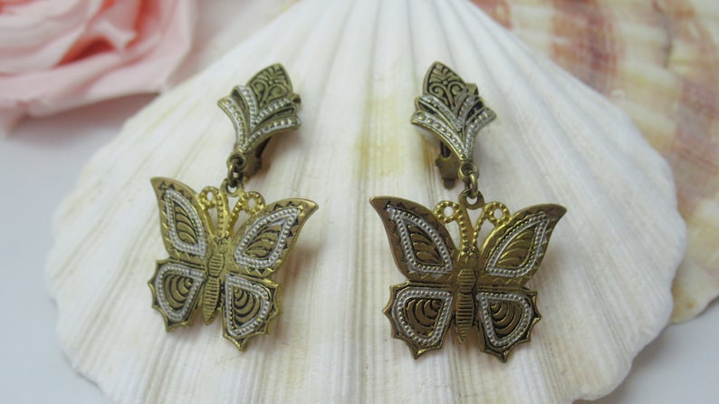 Earrings 1950/'s Toledo 50/'s fashion 1950/'s Revival Butterflies Clip-on Spanish Vintage Damascene