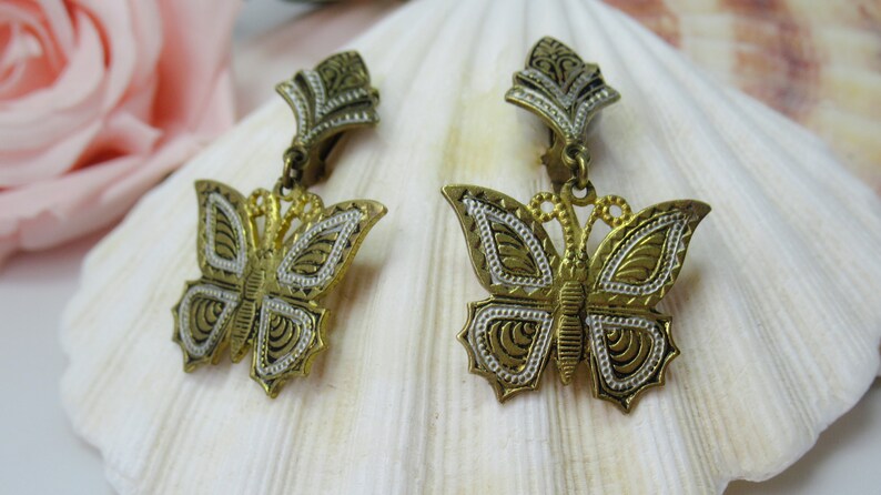 Earrings 1950/'s Toledo 50/'s fashion 1950/'s Revival Butterflies Clip-on Spanish Vintage Damascene