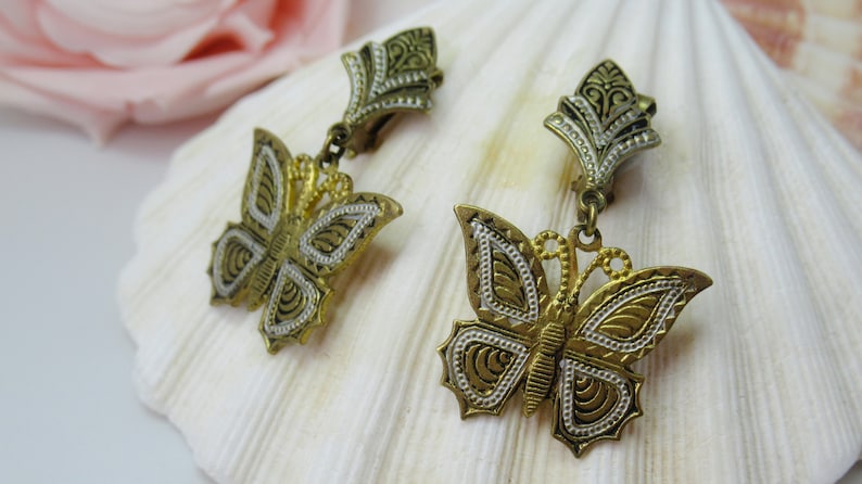 Earrings 1950/'s Toledo 50/'s fashion 1950/'s Revival Butterflies Clip-on Spanish Vintage Damascene