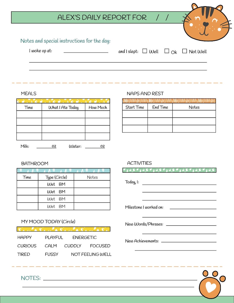 Custom Printable Nanny Log Daily Toddler Care Sheet | Etsy