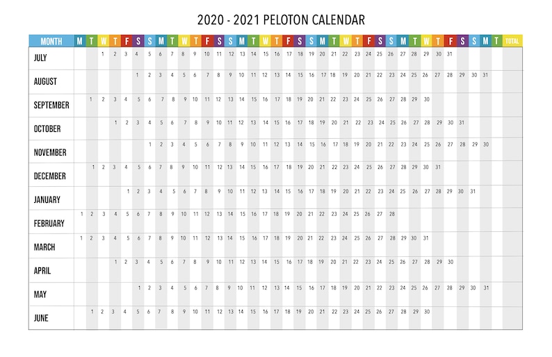 2020/2021 Mid Year Horizontal Peloton Calendar Workout Etsy
