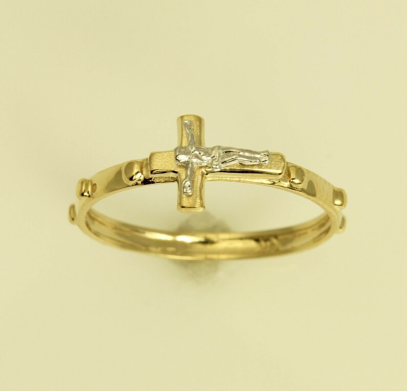 14K Real Yellow Gold Jesus Cross Catholic Finger Rosary Ring Etsy