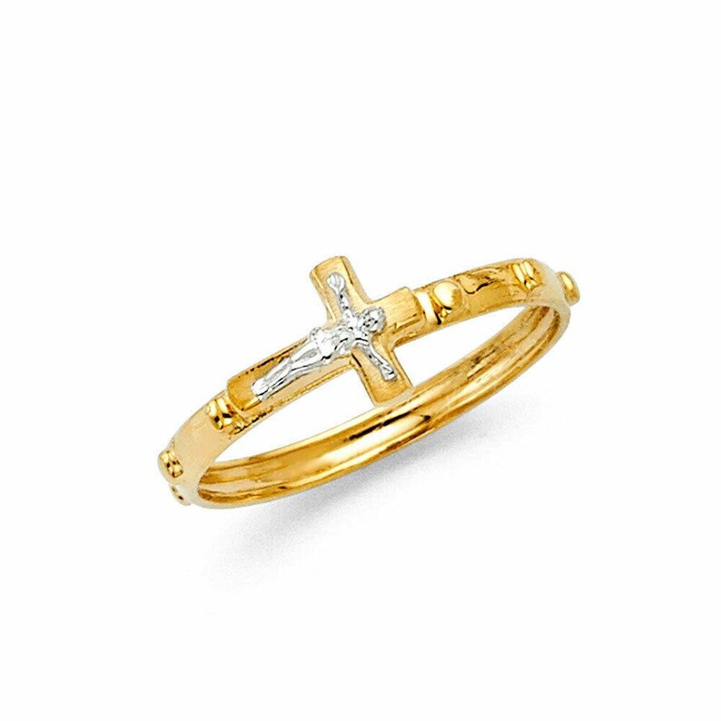 14K Real Yellow Gold Jesus Cross Catholic Finger Rosary Ring Etsy
