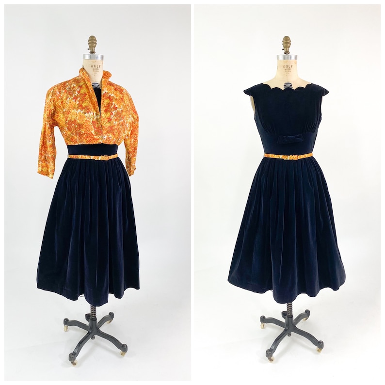 Vintage 1950s Velvet Full Skirt Party Dress Cropped Jacket M L Best
