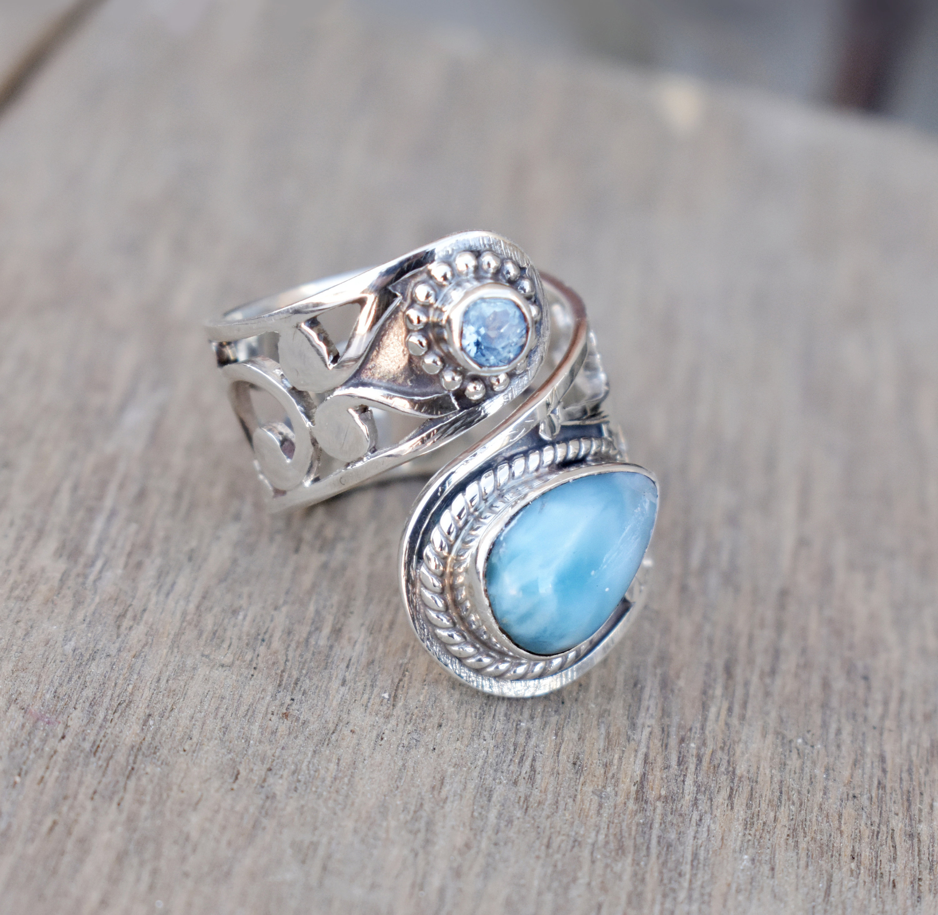 Natural larimar with blue topaz ring larimar ring handmade | Etsy