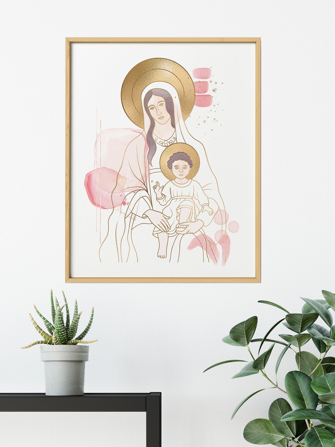 Jesus Madonna Printable Art Gold Line Art Watercolor Art image 0