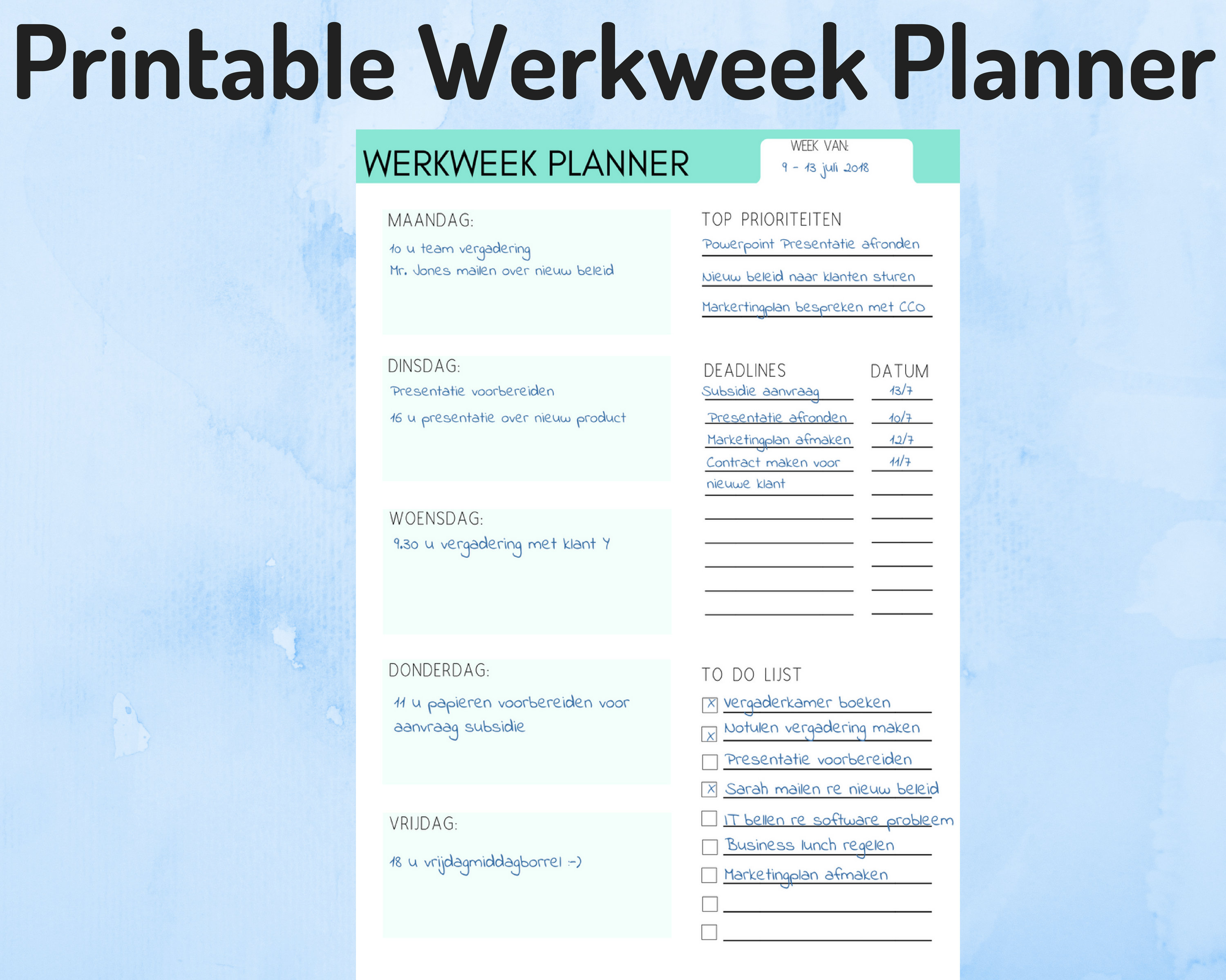 Werkweek Planner Printable werk schema werk agenda PDF Etsy