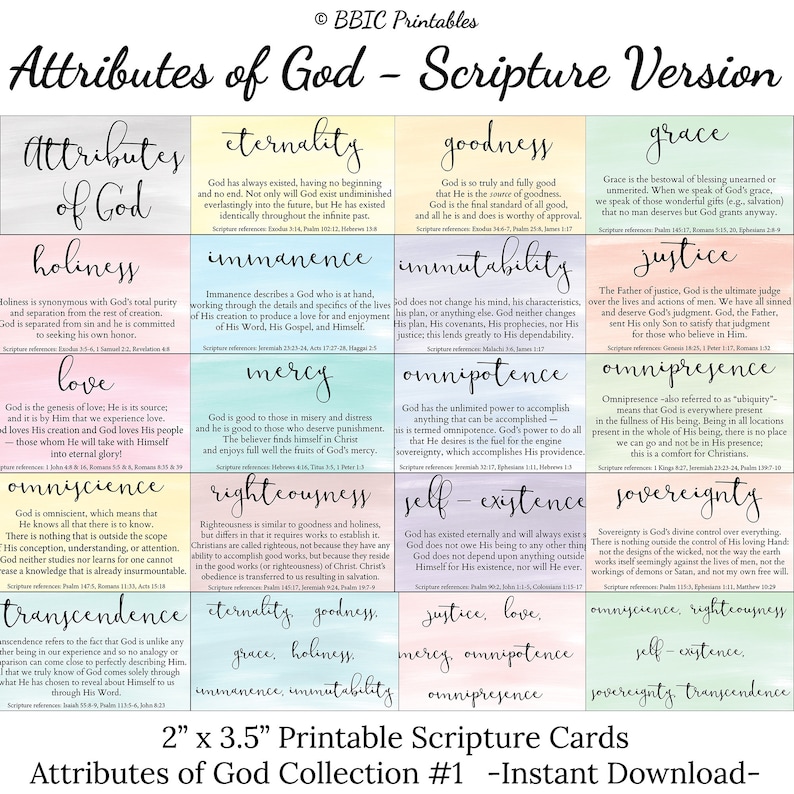 Attributes of God Scripture Cards C1 INSTANT DOWNLOAD 2x3.5 Etsy