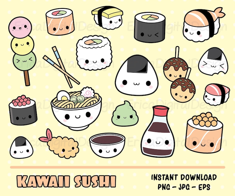 sushi kawaii clipart bundle cute sushi clip art onigiri nigiri etsy