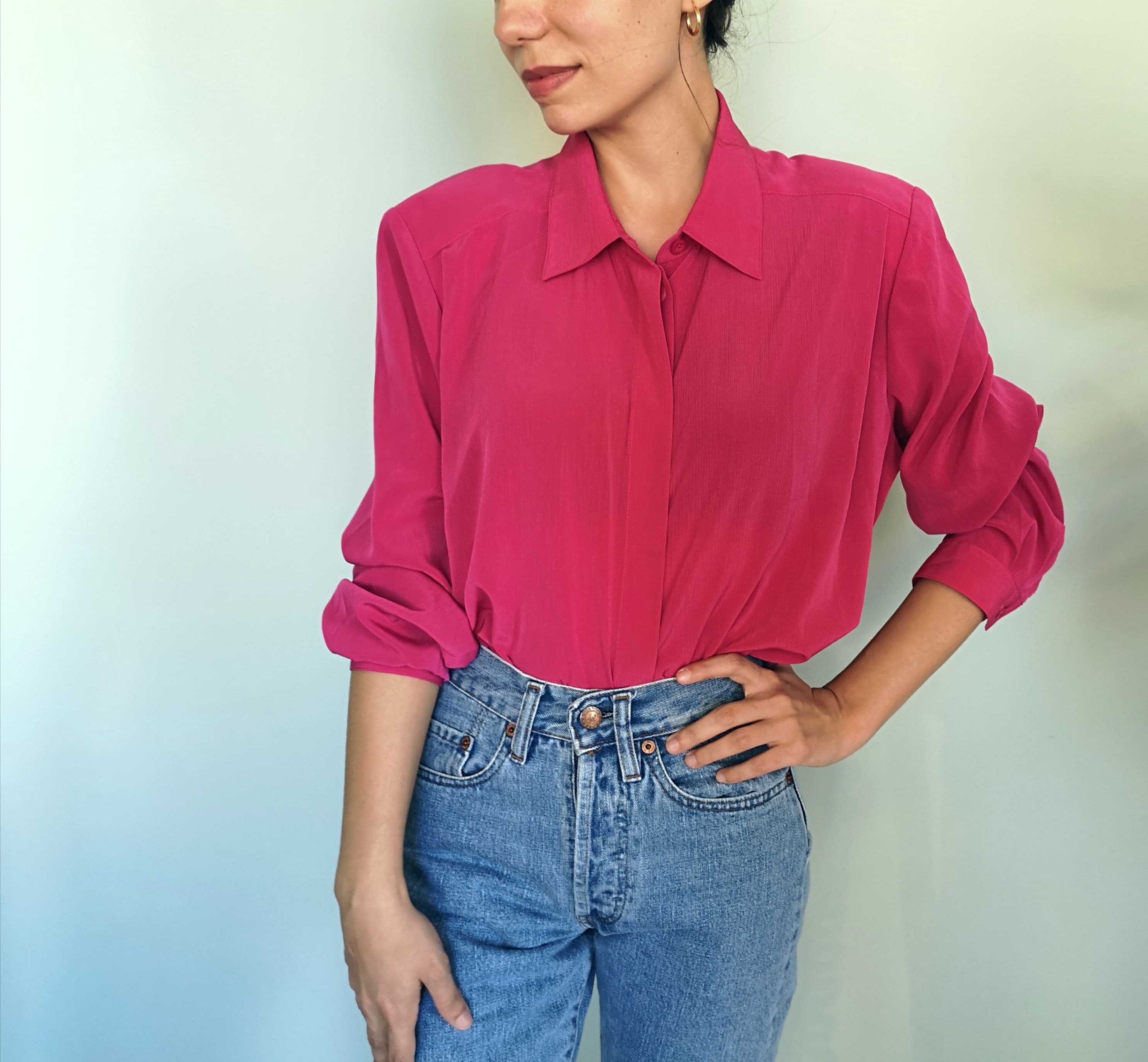 80s silk Fuchsia pink shoulder pad Blouse // Vintage Long Etsy