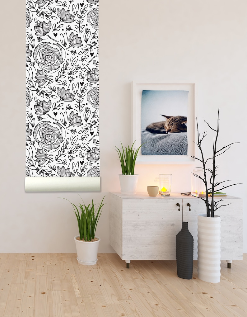 Black and White Floral Removable Wallpaper-Peel and Stick | Etsy