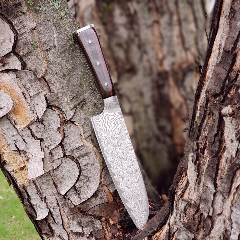 Santoku Knife Damascus Steel Macassar Ebony Wood Handle Etsy