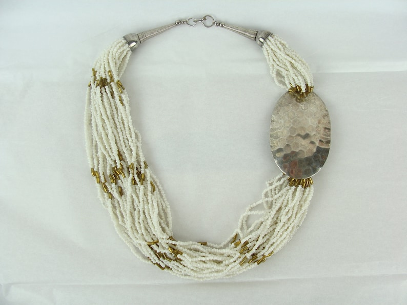 Vintage Beaded Necklace 70s Chunky Necklace Multi Strand Hammered Metal Boho Hippie Bohemian Statement Necklace Seed Bead 1970s Fabulous