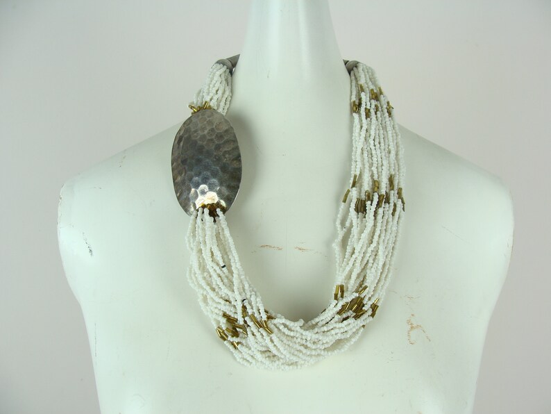 Vintage Beaded Necklace 70s Chunky Necklace Multi Strand Hammered Metal Boho Hippie Bohemian Statement Necklace Seed Bead 1970s Fabulous