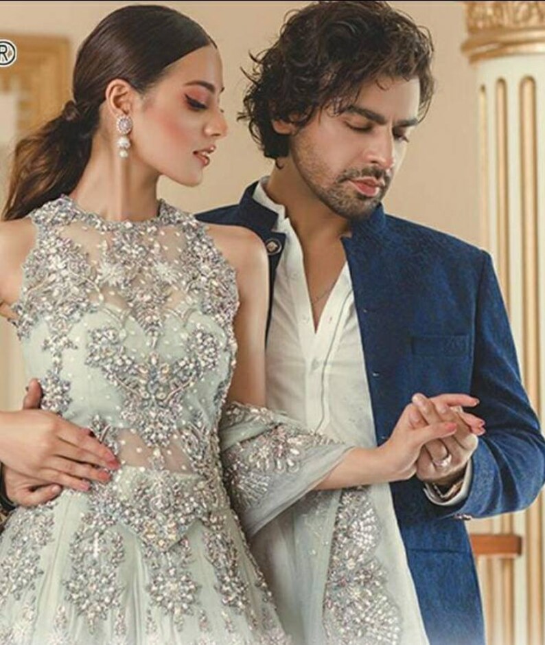 net based Pakistani concept suit heavily embroidered wedding collection bridesmaid dress Indo western anarkali gown set