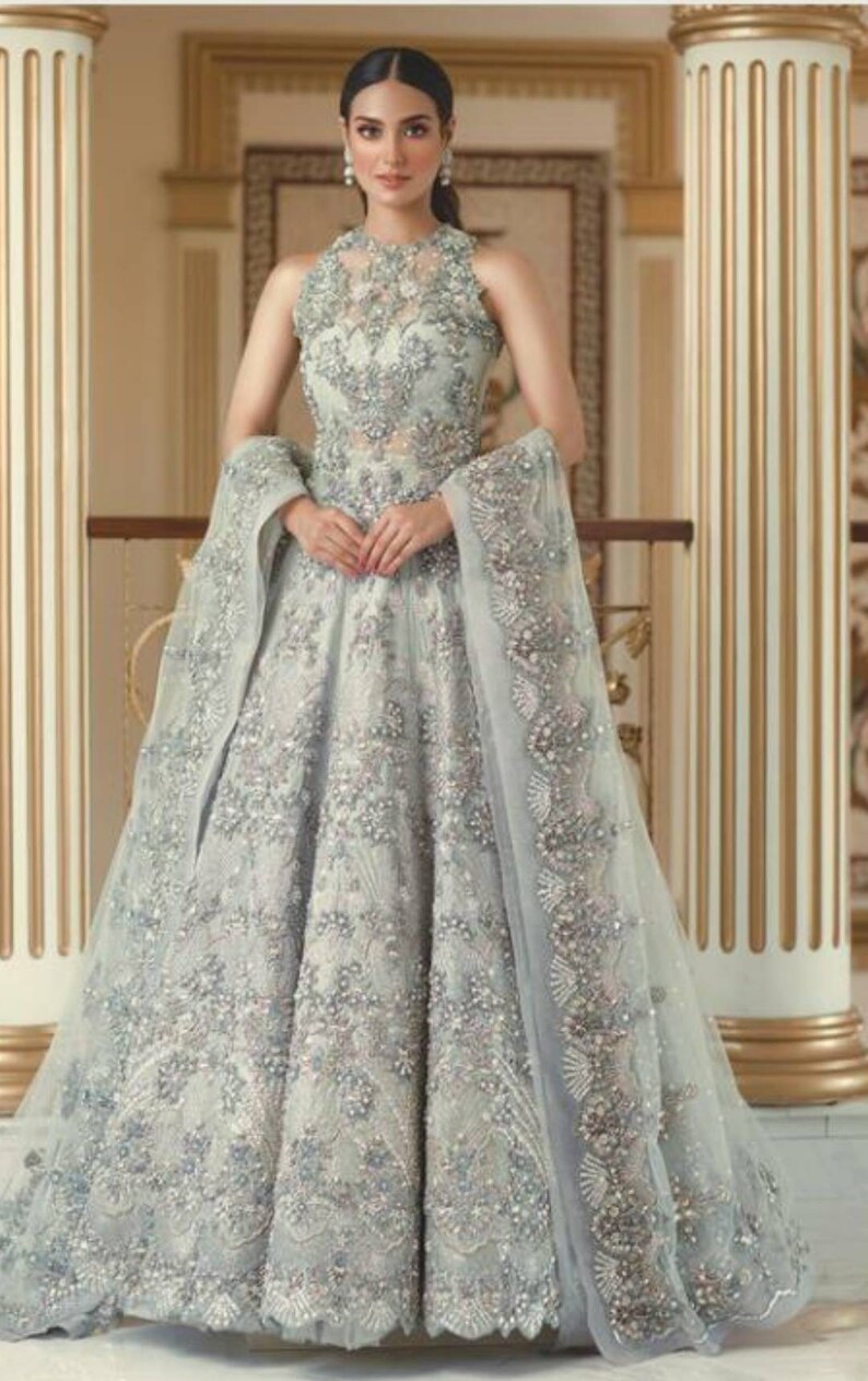 net based Pakistani concept suit heavily embroidered wedding collection bridesmaid dress Indo western anarkali gown set