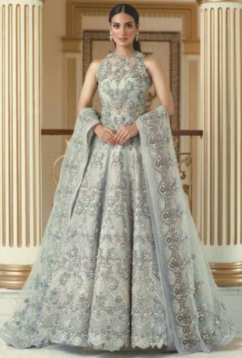 net based Pakistani concept suit heavily embroidered wedding collection bridesmaid dress Indo western anarkali gown set