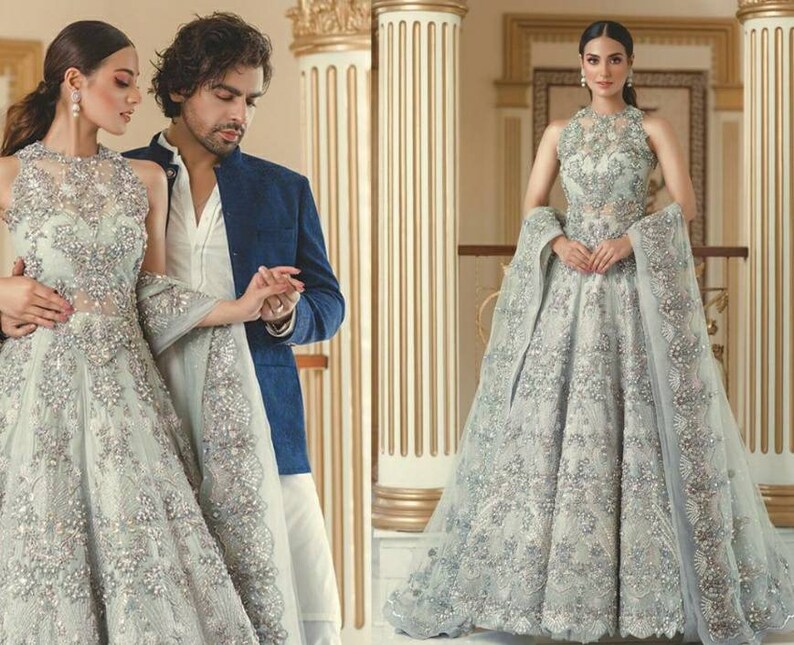 net based Pakistani concept suit heavily embroidered wedding collection bridesmaid dress Indo western anarkali gown set